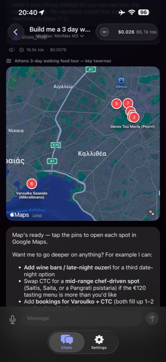 Ergo reply with an interactive Apple Maps bubble of an Athens 3-day food tour, six numbered pins for tavernas, and follow-up suggestions