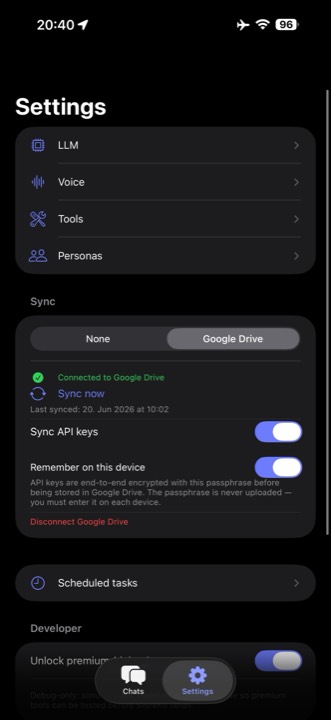 Ergo settings: Google Drive sync with end-to-end encrypted API keys, connected status, and a remember-on-this-device toggle