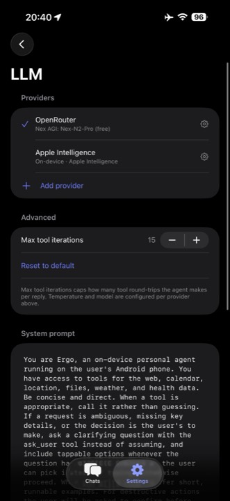 Ergo LLM providers screen showing OpenRouter (Nex-N2-Pro free) and on-device Apple Intelligence, plus max tool iterations and the Ergo system prompt