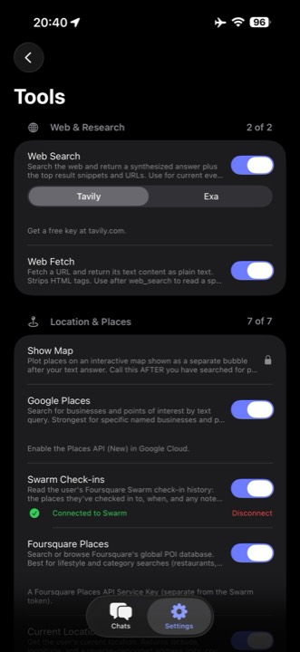 Ergo tools catalog: Web Search via Tavily or Exa, Web Fetch, Google Places, Swarm check-ins connected, Foursquare Places, and Show Map