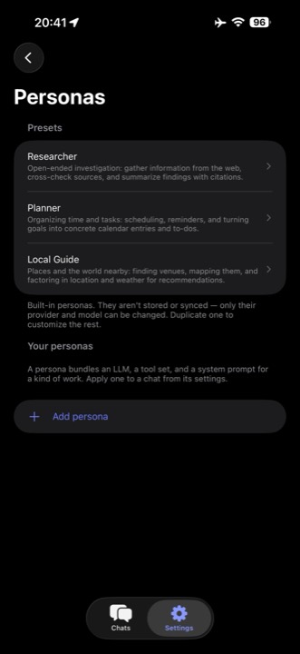 Ergo personas screen: Researcher, Planner, and Local Guide presets, each bundling a model, tools and a system prompt, with an add-persona button