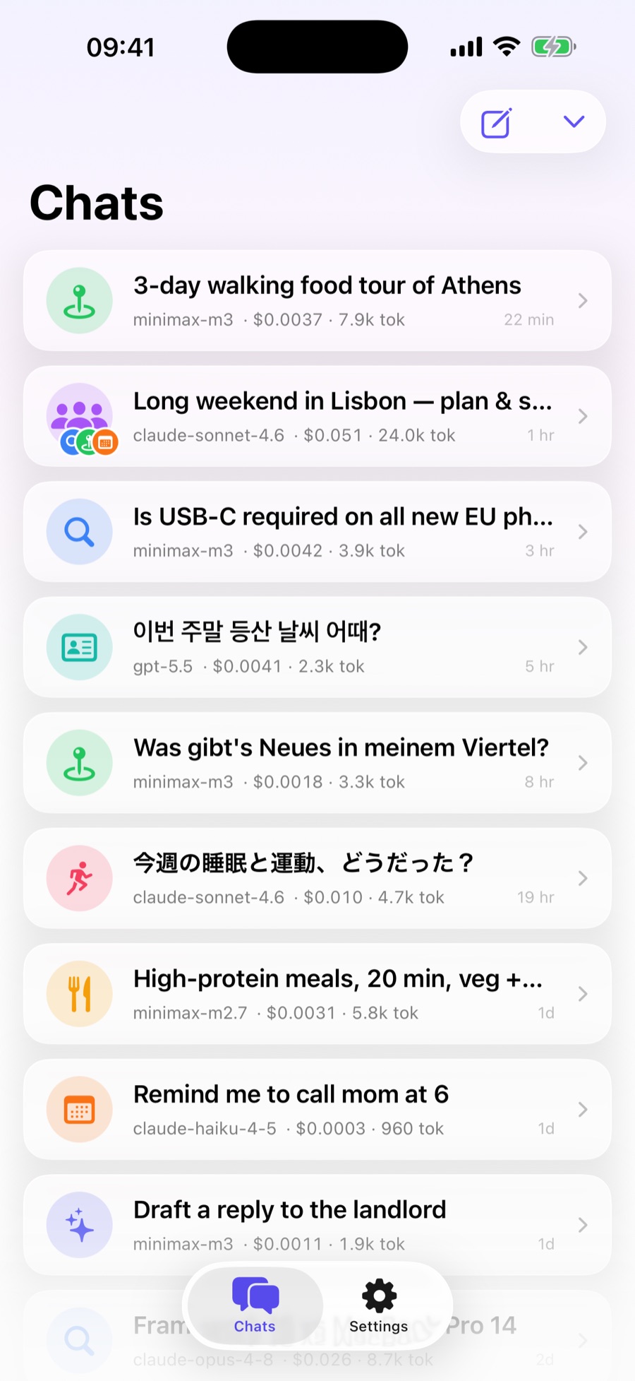 Ergo chats list mixing models per thread — MiniMax M3, Claude Sonnet 4.6, GPT-5.5, Claude Haiku — in several languages, each row showing its persona, per-chat cost and token count
