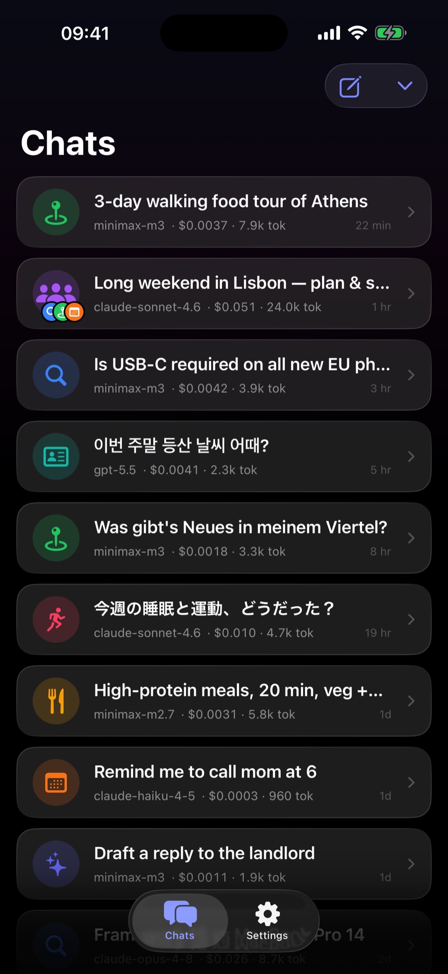 Ergo chats list mixing models per thread — MiniMax M3, Claude Sonnet 4.6, GPT-5.5, Claude Haiku — in several languages, each row showing its persona, per-chat cost and token count