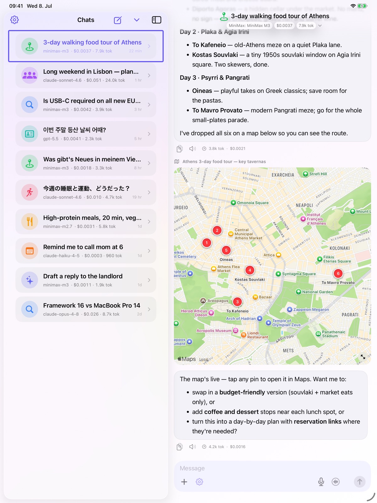 Ergo on a 13-inch iPad in portrait: a two-column layout with the full chat list in the sidebar and the Athens food-tour conversation — itinerary text plus an interactive map of six tavernas — open in the detail pane