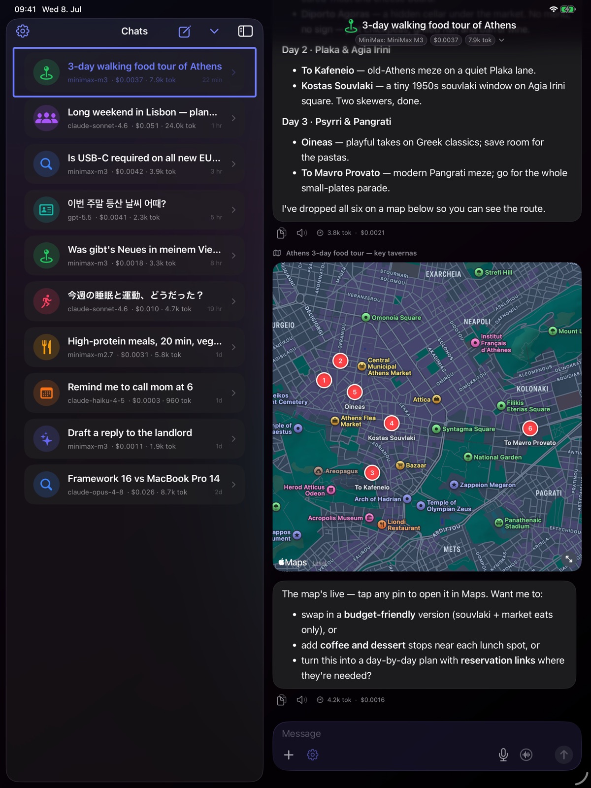 Ergo on a 13-inch iPad in portrait: a two-column layout with the full chat list in the sidebar and the Athens food-tour conversation — itinerary text plus an interactive map of six tavernas — open in the detail pane