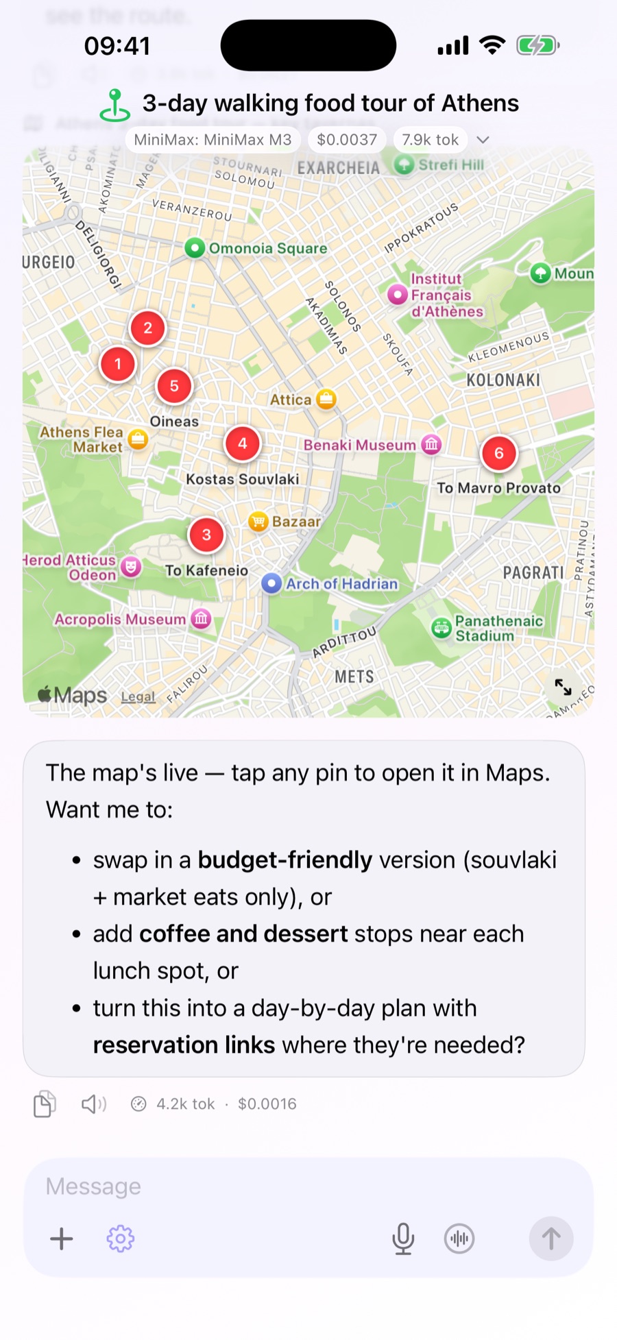 Ergo reply with an interactive Apple Maps bubble of an Athens 3-day walking food tour, six numbered pins for tavernas across Psyrri, Plaka and Pangrati, with the per-turn token and dollar cost shown