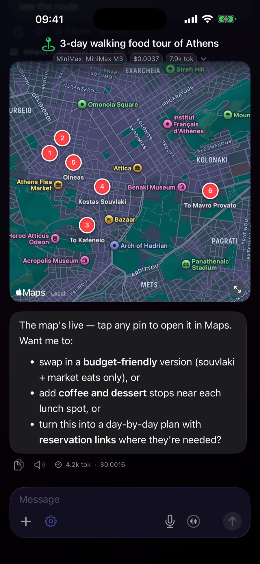 Ergo reply with an interactive Apple Maps bubble of an Athens 3-day walking food tour, six numbered pins for tavernas across Psyrri, Plaka and Pangrati, with the per-turn token and dollar cost shown