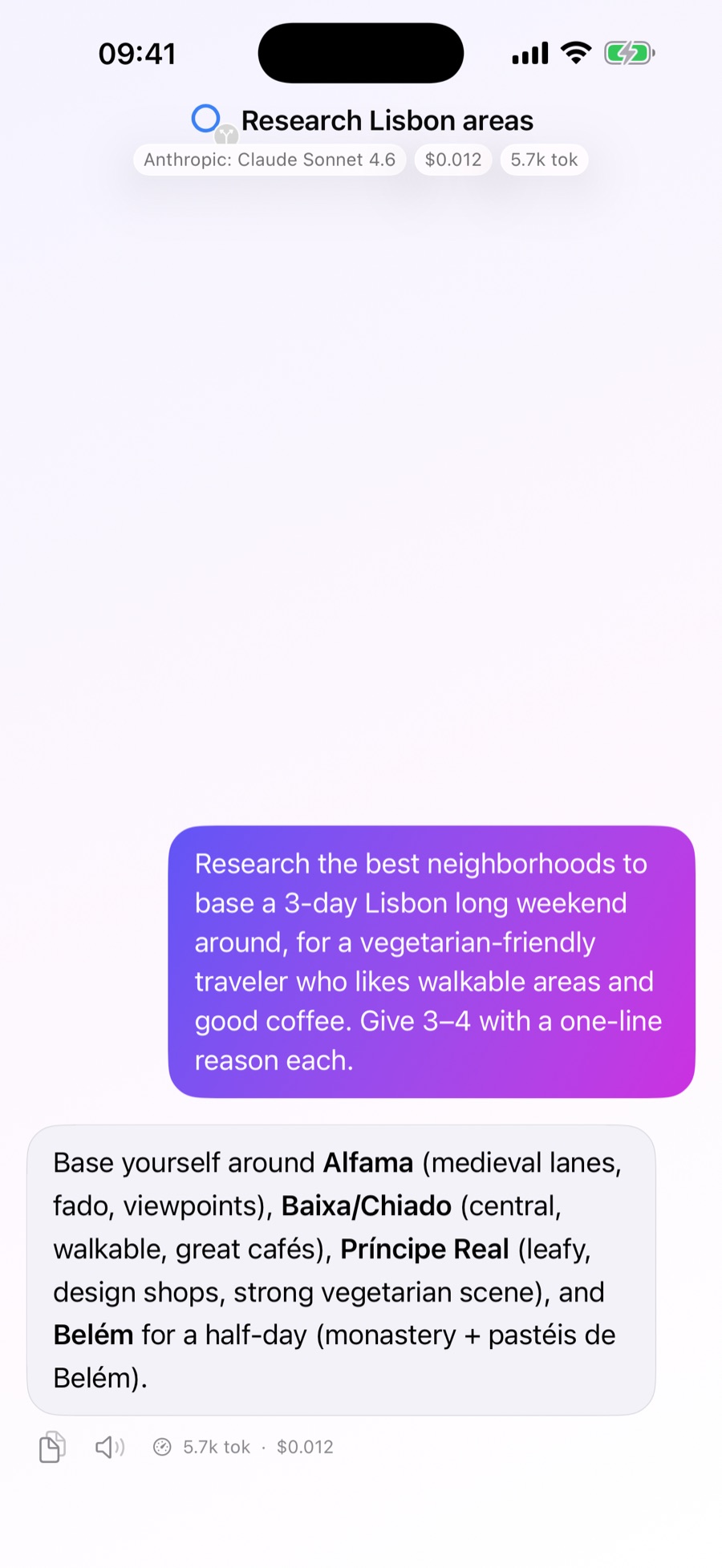 Ergo Orchestrator chat: a delegation card showing three agents — Researcher, Local Guide and Planner — all completed with their own token and dollar cost, a live progress-check reading 3 of 4 criteria met, and a synthesized Lisbon weekend plan