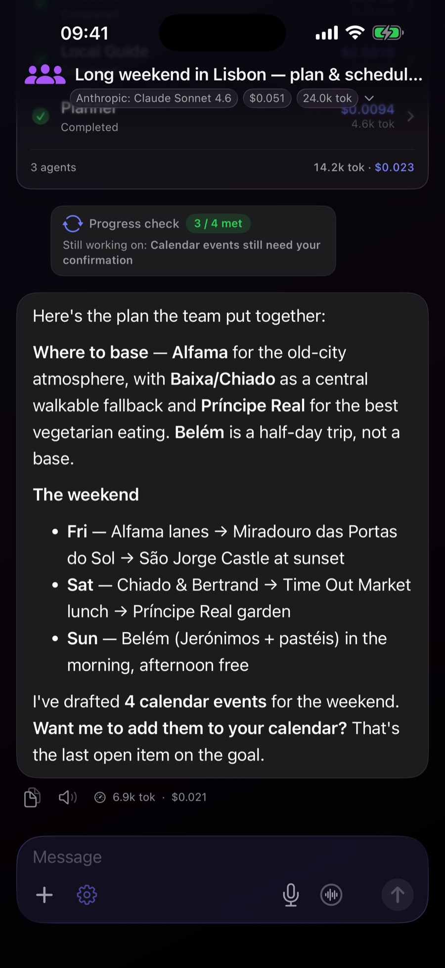Ergo Orchestrator chat: a delegation card showing three agents — Researcher, Local Guide and Planner — all completed with their own token and dollar cost, a live progress-check reading 3 of 4 criteria met, and a synthesized Lisbon weekend plan