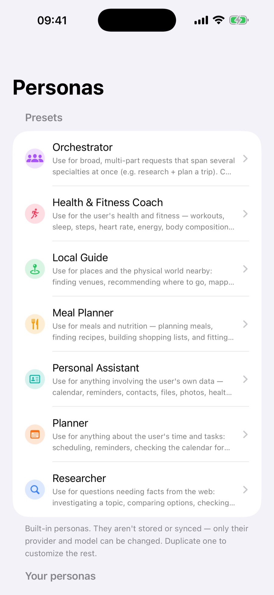 Ergo personas screen listing seven built-in presets — Orchestrator, Health & Fitness Coach, Local Guide, Meal Planner, Personal Assistant, Planner and Researcher — each with its own icon, and each bundling a model, tools and a system prompt