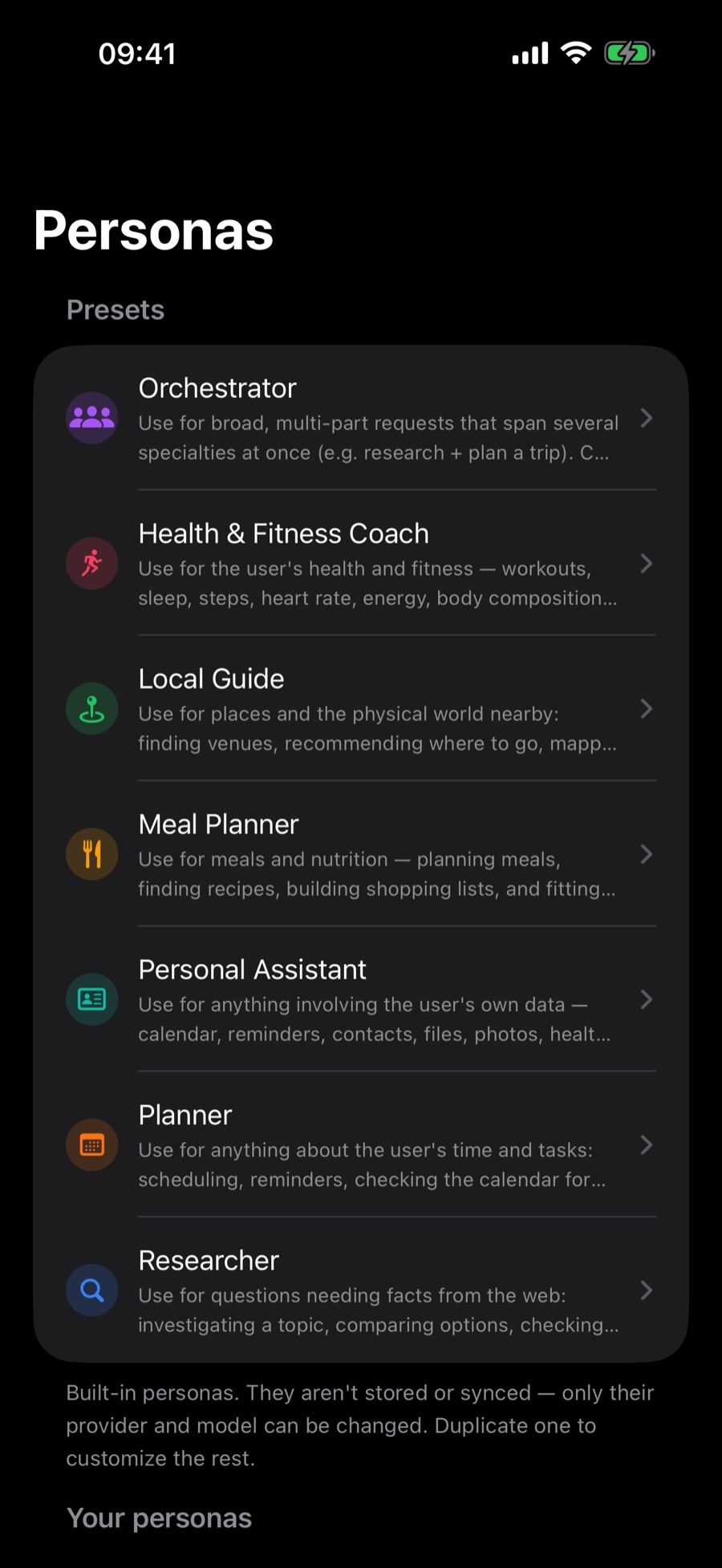 Ergo personas screen listing seven built-in presets — Orchestrator, Health & Fitness Coach, Local Guide, Meal Planner, Personal Assistant, Planner and Researcher — each with its own icon, and each bundling a model, tools and a system prompt