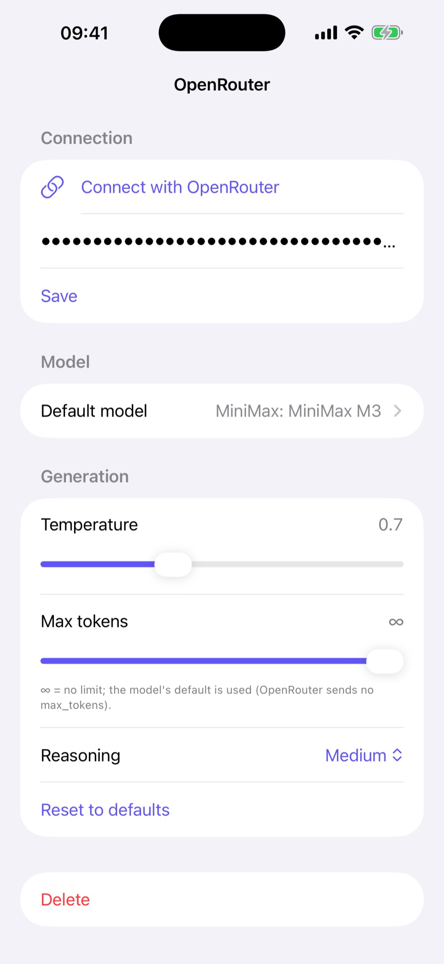 Ergo OpenRouter provider detail: connect with a key, default model MiniMax M3, and per-provider generation controls for temperature, max tokens and reasoning effort