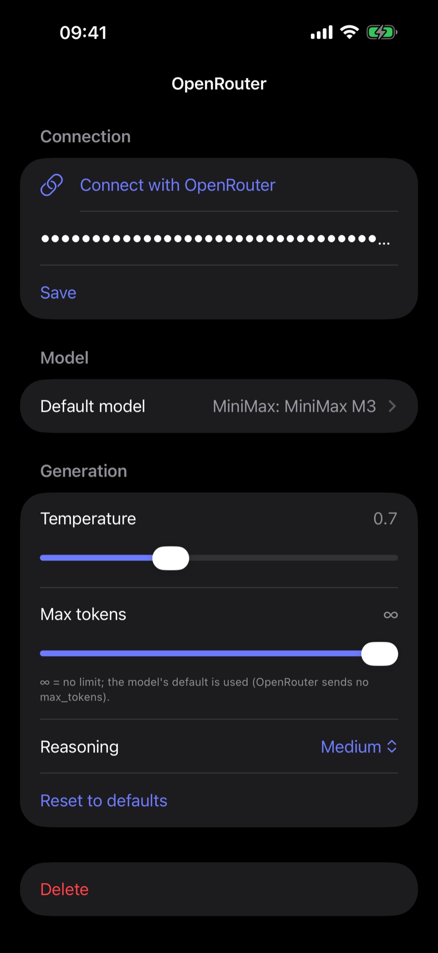 Ergo OpenRouter provider detail: connect with a key, default model MiniMax M3, and per-provider generation controls for temperature, max tokens and reasoning effort