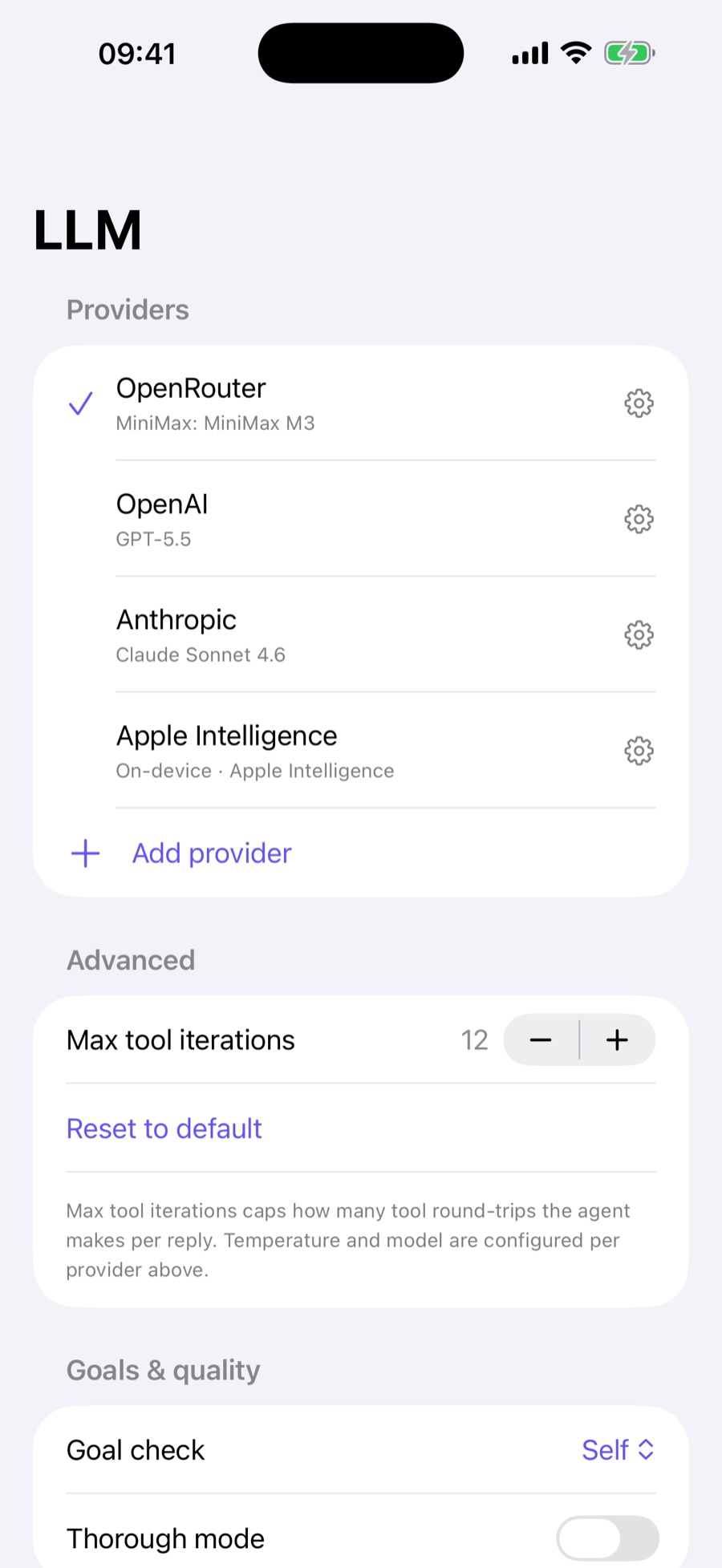 Ergo LLM settings listing four providers — OpenRouter (MiniMax M3), OpenAI (GPT-5.5), Anthropic (Claude Sonnet 4.6) and on-device Apple Intelligence — with an Add provider button and a max-tool-iterations control