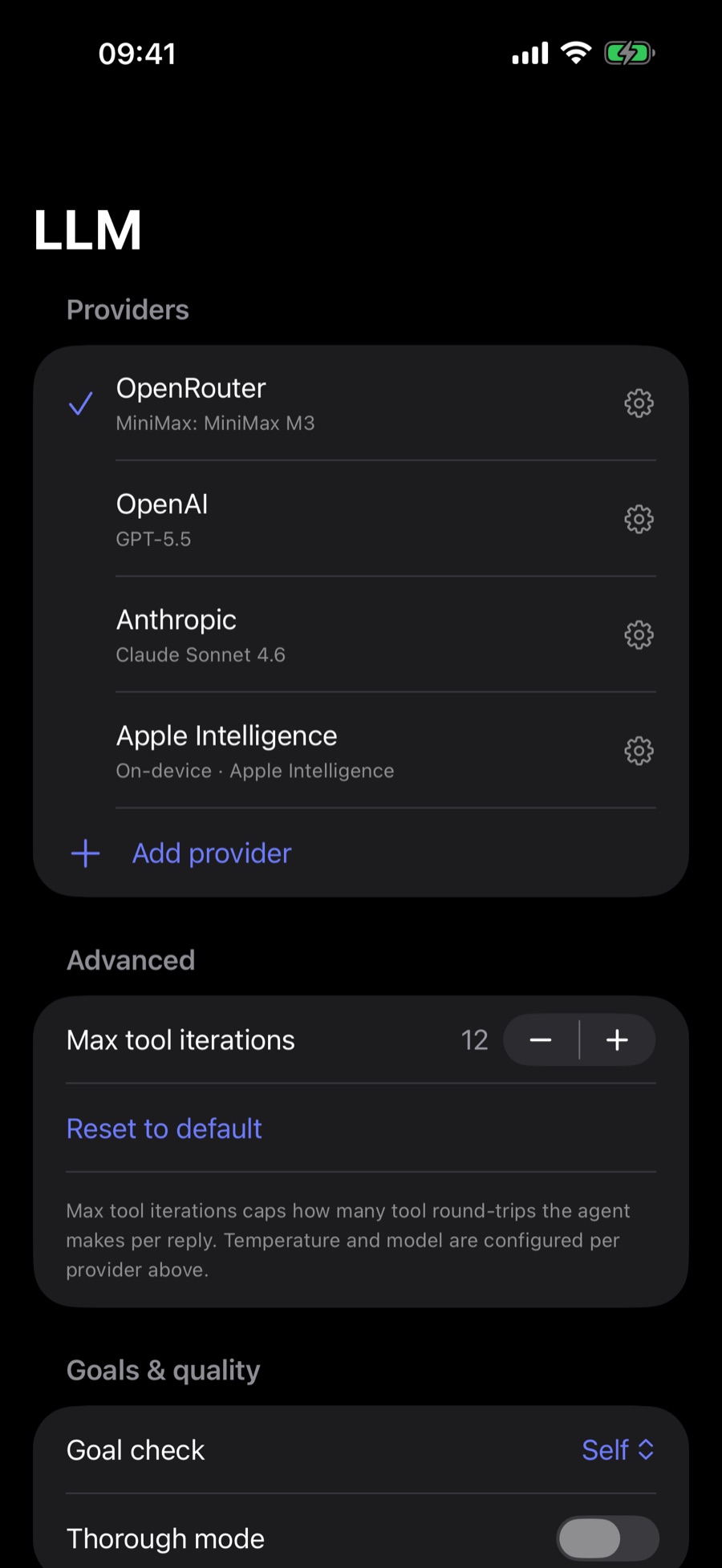Ergo LLM settings listing four providers — OpenRouter (MiniMax M3), OpenAI (GPT-5.5), Anthropic (Claude Sonnet 4.6) and on-device Apple Intelligence — with an Add provider button and a max-tool-iterations control