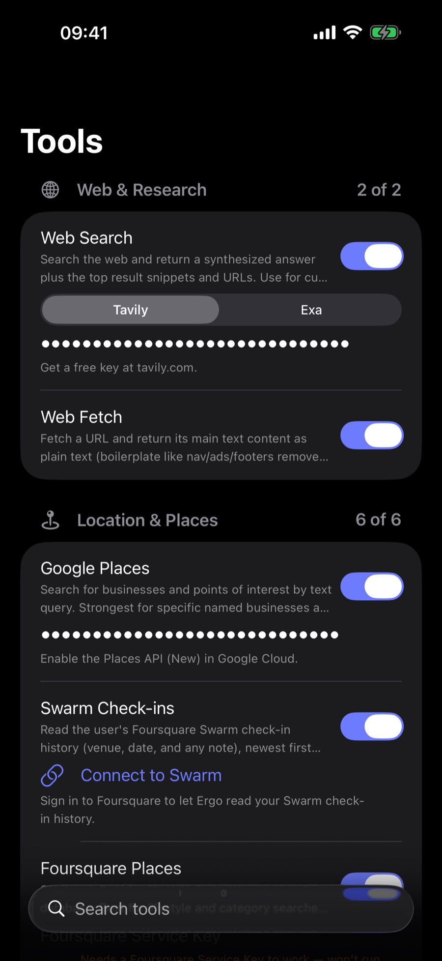 Ergo tools catalog grouped by category: Web & Research with Web Search (Tavily or Exa) and Web Fetch, and Location & Places with Google Places, Swarm check-ins, and Foursquare — each with an on/off toggle and its API key filled in