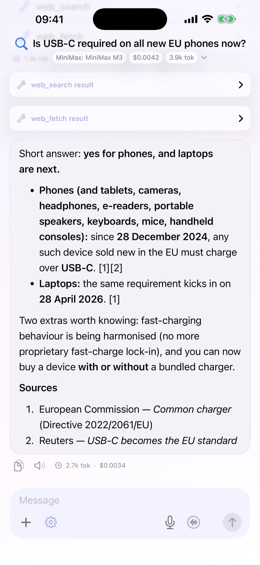 Ergo research reply with visible web_search and web_fetch tool-result rows, a cited answer about the EU USB-C rule with numbered sources, and the exact per-turn token count and cost underneath
